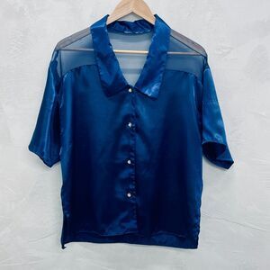 Sapphire Blue Satin & Sheer Blouse XL Womens Vintage Blouse Deep Ocean Blue VTG